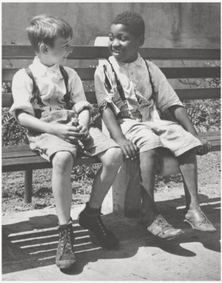 Two’s A Team  (1940s, Brooklyn New York) (interracial boys sitting on bench)